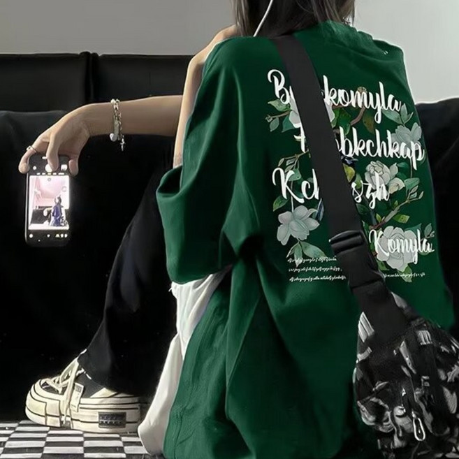 美式復古T恤 寬鬆墨綠色女學生休閒短袖原宿風印花百搭上衣