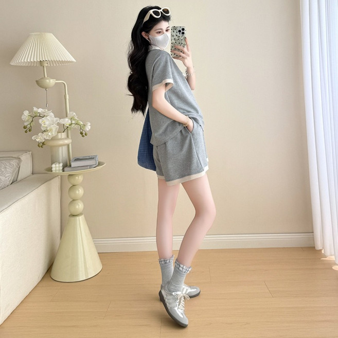 디한스 임산부 여름 캐주얼 운동복 세트 반팔반바지 상하의