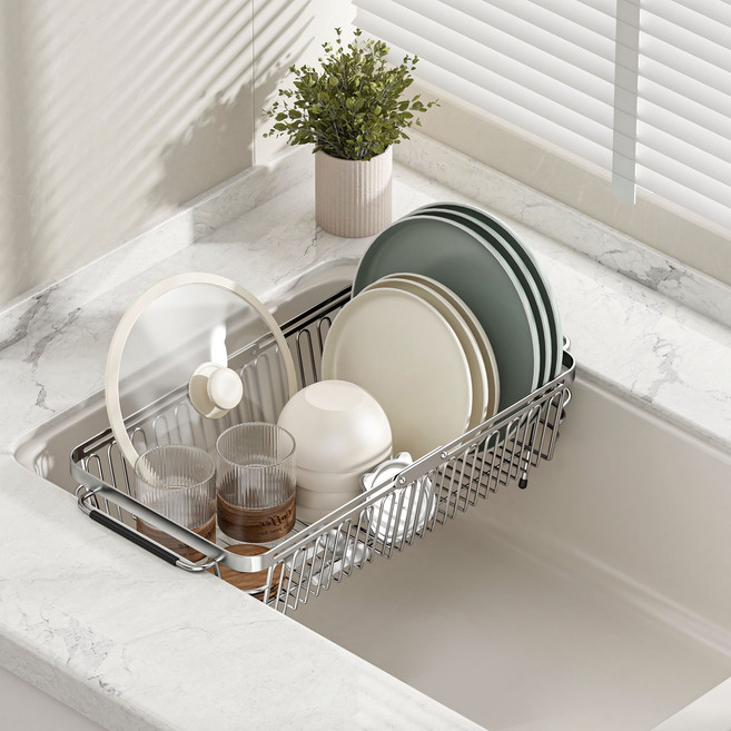 호밍사이 스텐304 길이조절 싱크대선반 슬라이드 설거지 거치대 신축 식기건조대 싱크볼 바구니, 1개, 스텐색