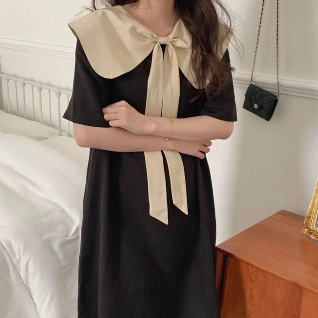 ORZQU 여름 여성 캐주얼 빅사이즈 루즈핏 배색 피터팬 칼라 리본 반팔 원피스