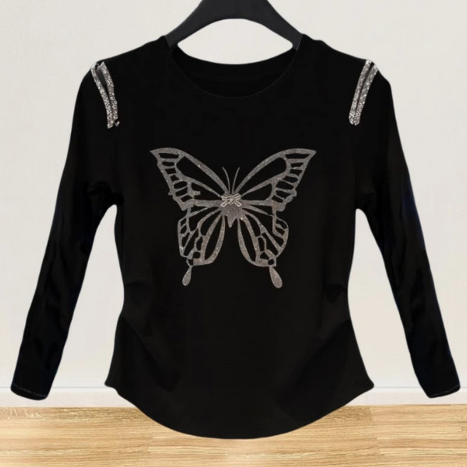 쌍천 라인댄스복 나비티 라틴댄스복 어깨포인트 여성 봄 가을 긴팔티 A25092004