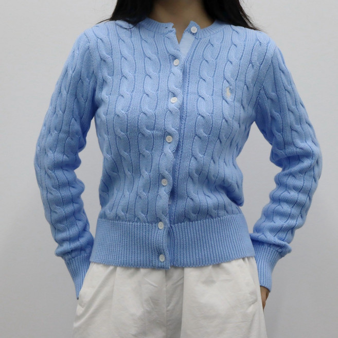 폴로랄프로랜 여성 케이블 면 카디건 꽈배기 니트 스카이블루