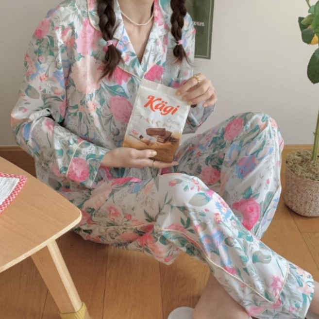 [내공간5평] 플라워 레이스 실크 잠옷 공주 프릴 긴팔 여성 파자마 홈웨어 세트