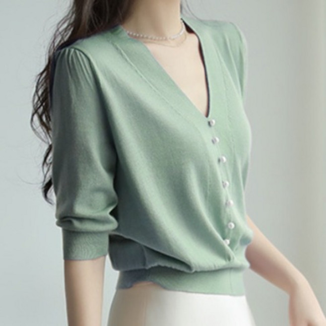 핑크셀럽 여성 여름 진주 브이넥 5부 반팔 여리핏 니트 티셔츠