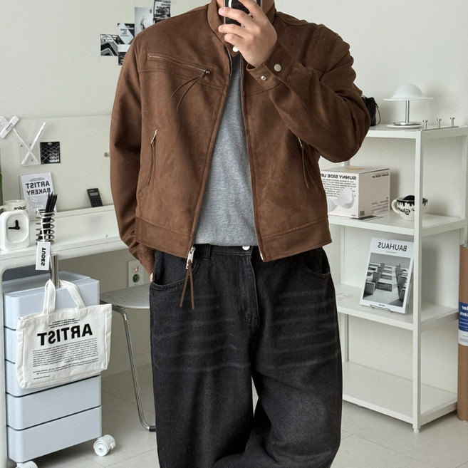 르위 크롭 스웨이드 바이커 트러커 자켓 차이나카라 오버핏 점퍼
