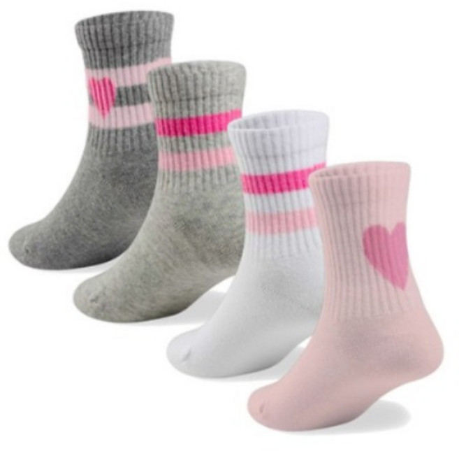 4MOREWAY 아동 스트라이프 중목양말 4족 세트 여아 면 운동양말 화이트/핑크/그레이