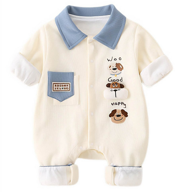 로을 신생아 순면 귀여운강아지 해피퍼피 배색 포켓 우주복
