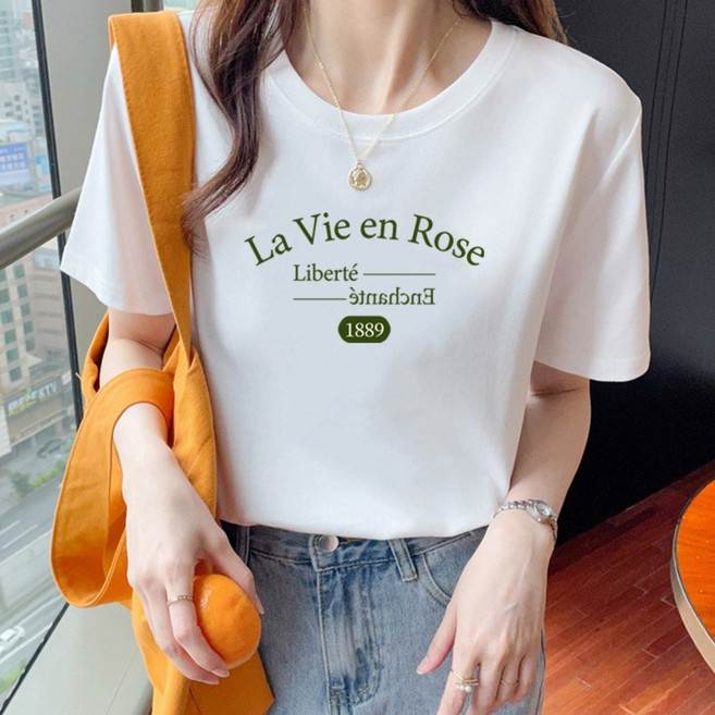 그리내 여성 라운드넥 여름 La Vie en Rose 프린팅 반팔티 커플티 이너 홈웨어 레터링 면 티셔츠