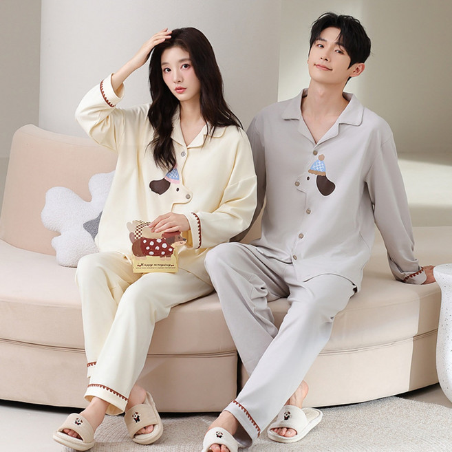 CHENZE 편안하고 부드러운 커플 잠옷 세트 순면 긴팔 홈웨어 잠옷