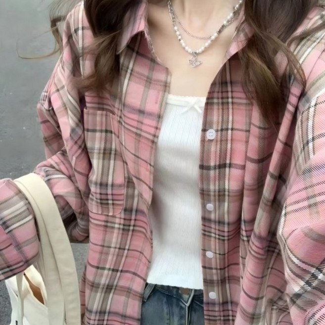 TIMEPURE 남녀 공용 오버핏 체크 셔츠 데일리 셔츠 코디 오버사이즈 긴팔 셔츠 실루엣 편안함 캐주얼 룩 통근 데이트 소프트 텍스처 릴랙스 핏 셔츠