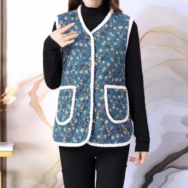 겨울 따뜻한 할머니 빅사이즈 누빔 조끼 꽃무늬 털안감 촌캉스 복고패션