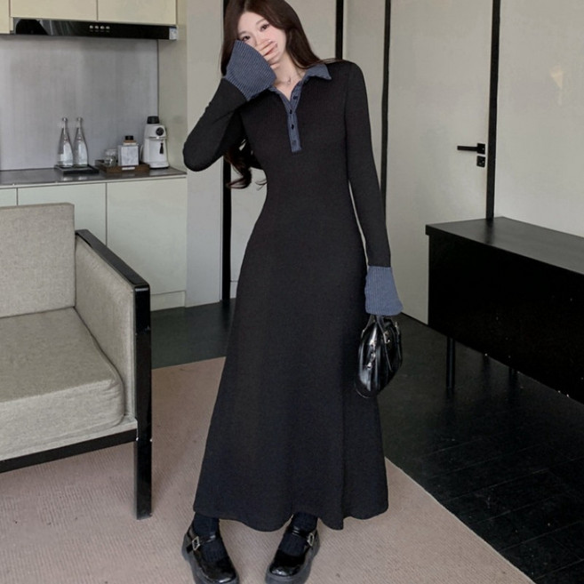 SAHINER 여성 니트 롱 원피스 카라 슬림핏 봄가을 BQZ59