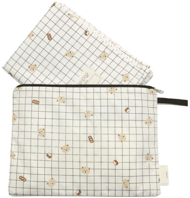 세맘스 양면방수 피크닉 매트 + 파우치 세트, 베이킹베어아이보리