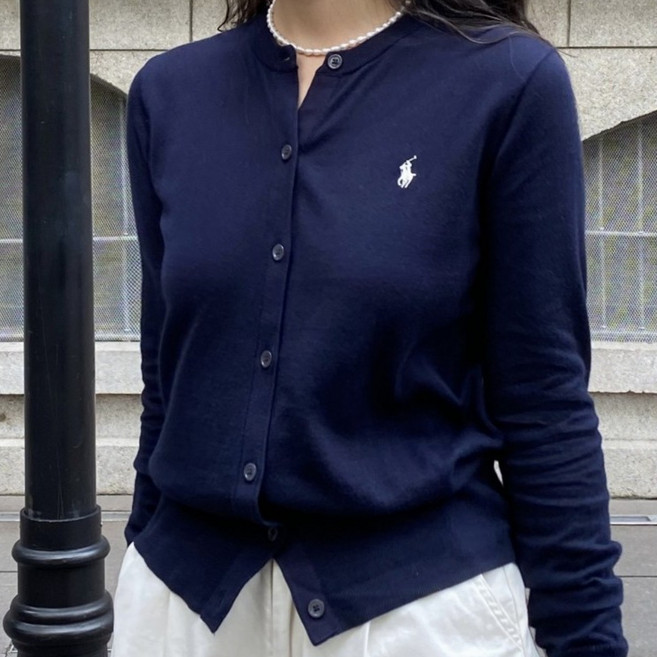 폴로랄프로랜 여성 피마면 카디건 라운드넥 네이비