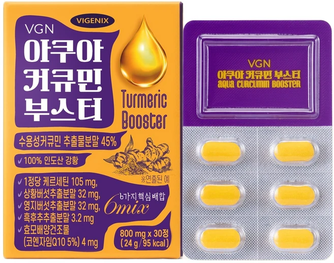 [웰스앤헬스] 비제닉스 아쿠아 커큐민 부스터 수용성 강황 퀘르세틴 코엔자임Q10 (800mg), 6박스, 30정 - 쿠팡
