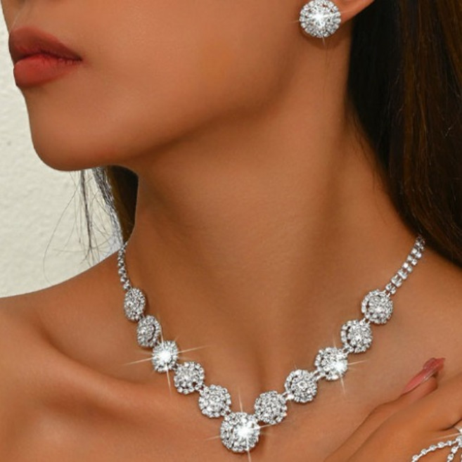 여성 웨딩 파티 공연 라운드 화이트 큐빅 큐빅 체인 목걸이 귀걸이 액세서리 2종 세트 A1719