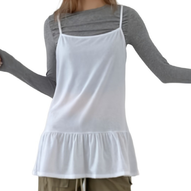 여성 오버핏 프릴 레이어드 끈나시 스판 민소매 밑단 캉캉 미니원피스st