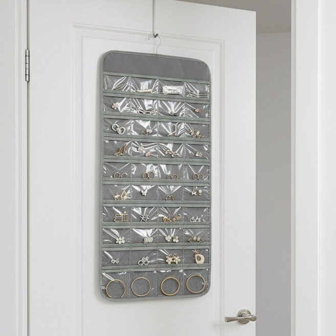 모두일상 악세사리 수납 벽걸이 파우치 양면 80칸 옷장걸이 귀걸이 반지 목걸이 정리함, 1개, 그레이