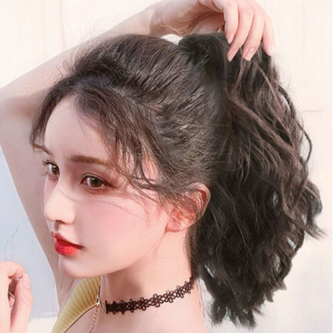 하이유니 히피 펌 숏 포니테일 붙임 머리 헤어 여자 여성 부분 피스 가발 40cm, 브라운블랙 / 40cm, 1개