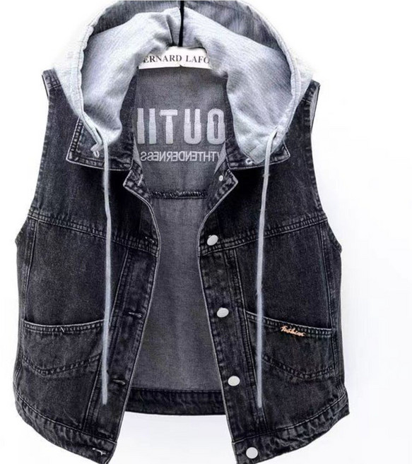 남성 청조끼 봄 가을 남여공용 캐주얼 코디 자수 데님 베스트 상의 여성 패션 후드 조끼 코트 루즈핏 데일리 민소매 아우터 YMY