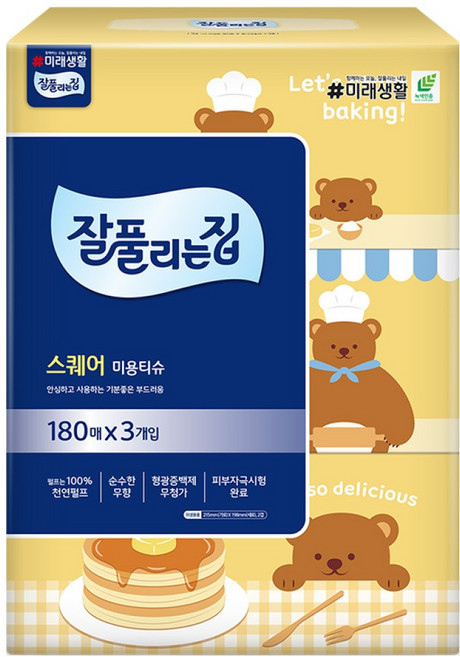 잘풀리는집 스퀘어 천연펄프 미용티슈 2겹, 3개, 180매