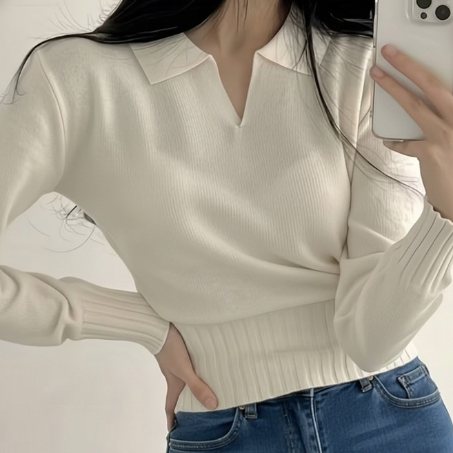 파스치노 여성 오픈 카라넥 크롭 긴팔 니트