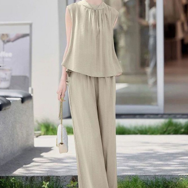 TKX 여성 세트업 무지 슬리브리스 상의 와이드 팬츠 가벼운 린넨 혼방 여름 투피스 편안한 데일리 캐주얼 오피스룩