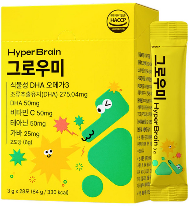 [공식몰] 하이퍼브레인 그로우미 팝핑 분말 키즈 오메가3 테아닌 가바 비타민, 1박스, 84g