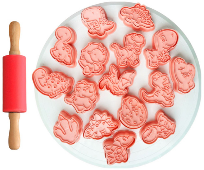 캐롯캐롯 공룡 쿠키틀 클레이몰드 베이킹도구 16종 세트 (밀대증정), 1개, 핑크