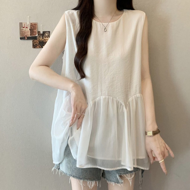 SELEAD 여성민소매블라우스 슬리브리스탑 플리츠티셔츠 민소매티셔츠 허리프릴블라우스 쿨티셔츠