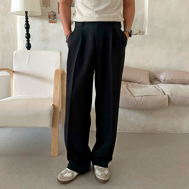 남성 안기모 허리밴딩 투턱 와이드 남성 슬랙스 루즈핏 (블랙)