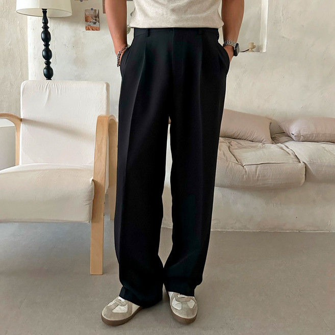 남성 안기모 허리밴딩 투턱 와이드 남성 슬랙스 루즈핏 (블랙)