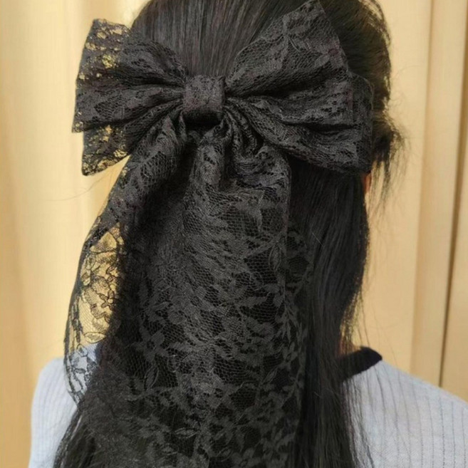 하이유니 [감성한끗] 프렌치 레이스 롱테일 자수리본 포인트 자동핀 헤어핀