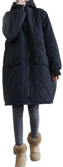 (대박난)110kg까지 빅사이즈 여성 누빔 방한 후드 패딩 겨울 편한 두꺼운 웰론 패딩 하프 포켓 후드집업 지퍼 따뜻한 아우터 오버핏 외출 방한복 무릎 추천 bf 두꺼운 롱 경량