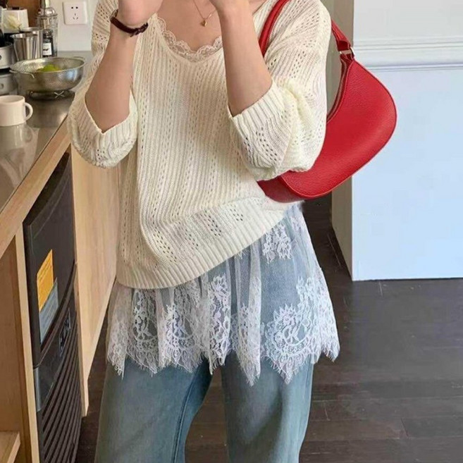 하이유니 [감성한겹] 자수 리프 레이스 시스루 레이어드 랩 스커트