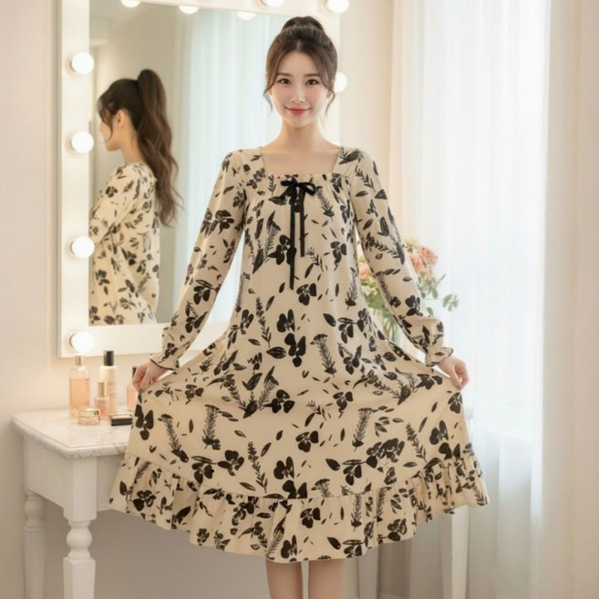 드림베이스 가슴패드 내장 원피스 파자마 홈웨어 긴팔 잠옷