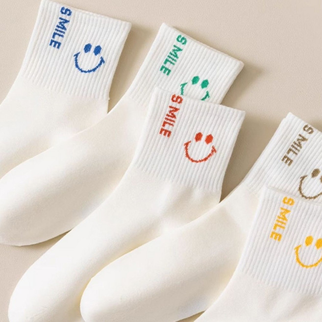 애플민트 여성 중목 양말 심플 화이트 스마일 포인트