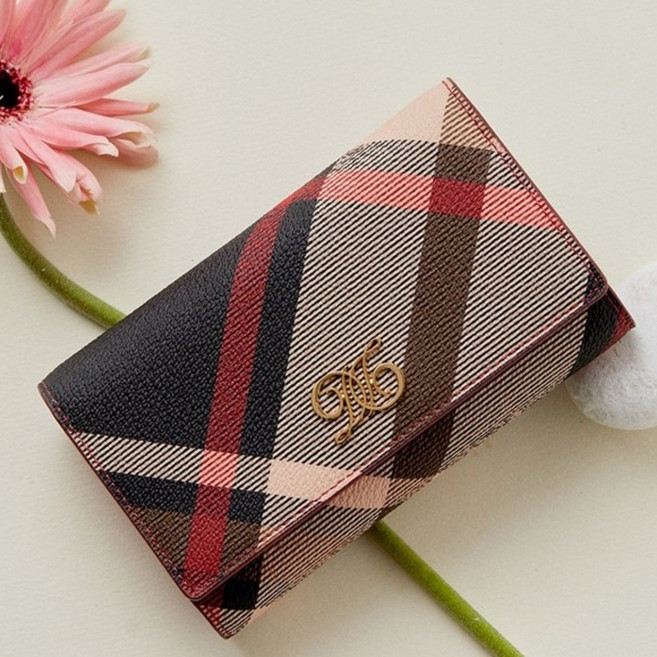[스테디셀러] 선물포장+쇼핑백 닥스 DAKS 레드 체크 가죽 여성 중지갑 여자 신분증 카드 공간 지갑