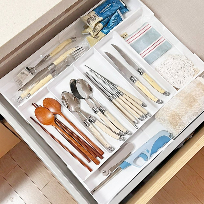 이지유 4면 확장 길이조절 서랍 정리 트레이 수저 정리함 모듈형, 1개, 화이트