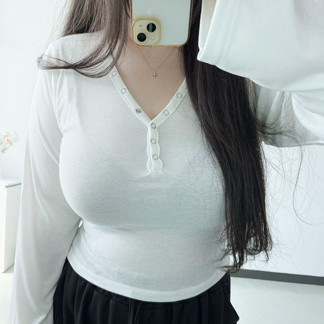 (66-99) 아비 팔뚝커버 빅사이즈 버튼 긴팔 티셔츠 신축성 섹시 글램 2XL