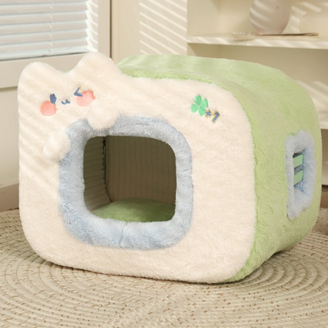 [먀오샤오위안] 겨울 보온 폐쇄형 캣하우스 고밀도 보온재 사계절 방한 고양이 집 소심한 반려묘 보호본능 공간], 파란색-녹색, 1개