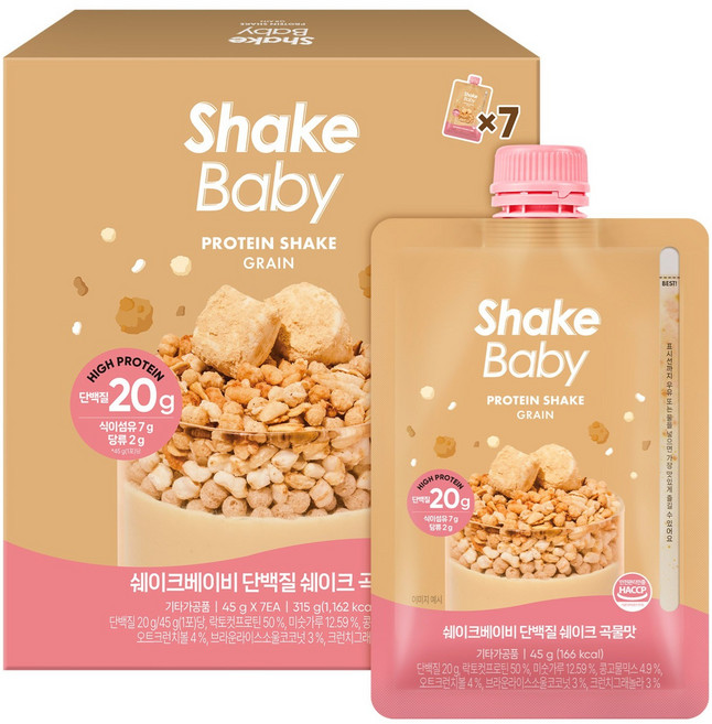 쉐이크베이비 단백질 쉐이크 파우치 곡물맛, 45g, 7개