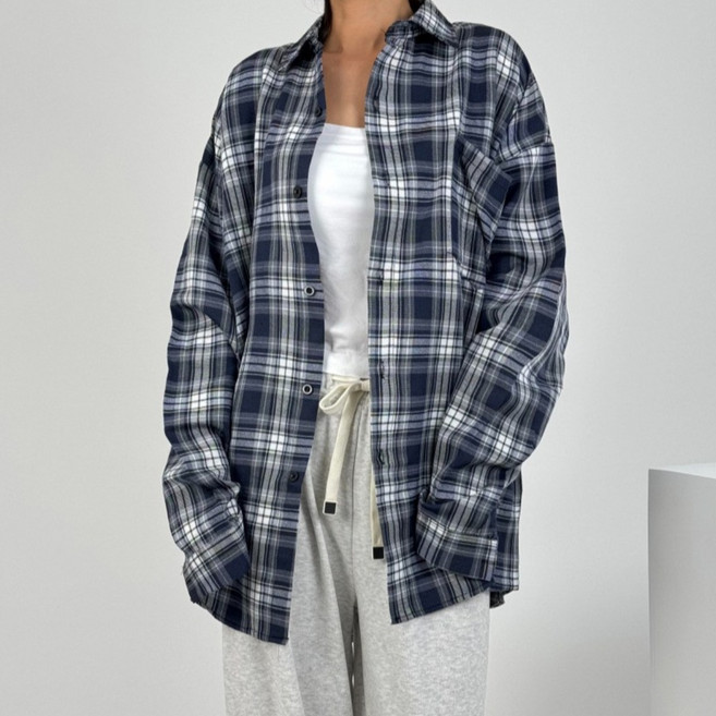 바이일이오 여성 사계절 체크 긴팔 오버핏 루즈핏 셔츠