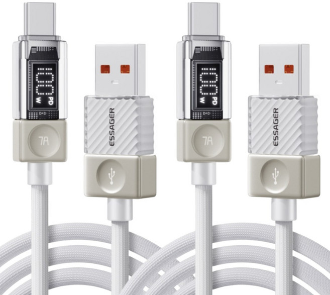 ESSAGER LED 디스플레이 7A 100W USB A타입-C타입 고속 충전 케이블 2개입, 2개, 화이트, 1m