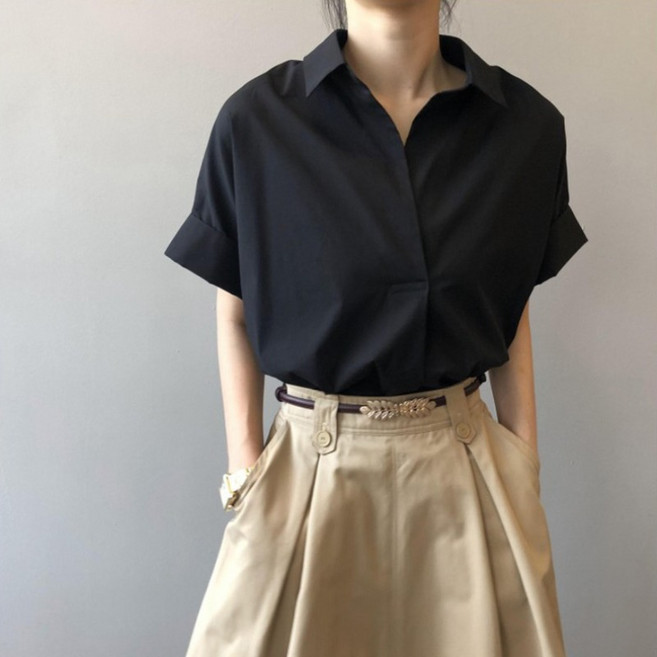 MIREA 여성 반팔 셔츠 카라넥 루즈핏 롤업소매 봄여름 데일리룩 CTX30