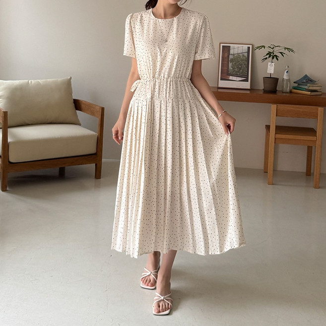 데일리앤 디어 단정한 반팔 땡땡이 도트 플리츠 주름 원피스 휴양지룩 데일리룩 66