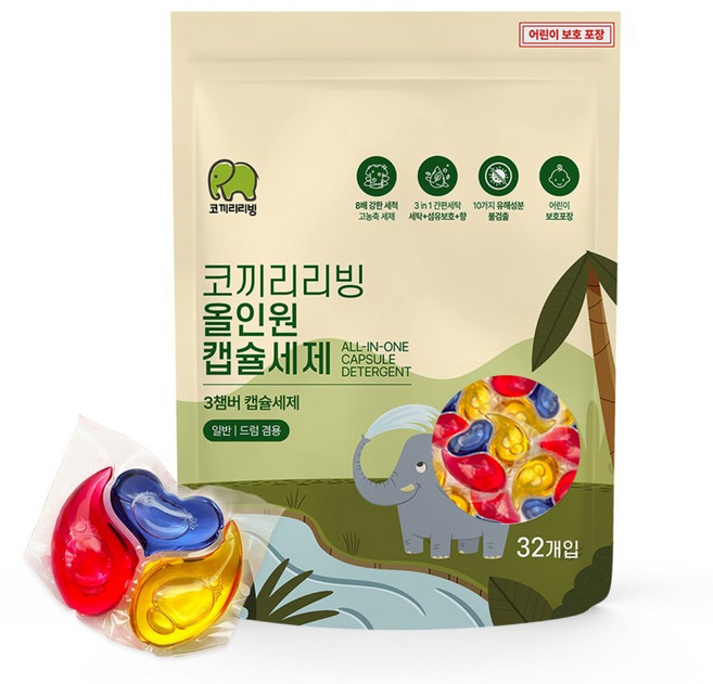 코끼리리빙 올인원 캡슐세제 장미향, 1개, 32개입