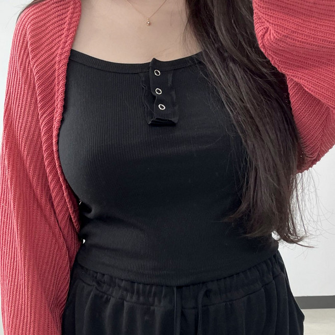 77-110 뚜뚜 빅사이즈 골지 나시 단추 Y2K 민소매 레이어드 완전예쁨 4XL