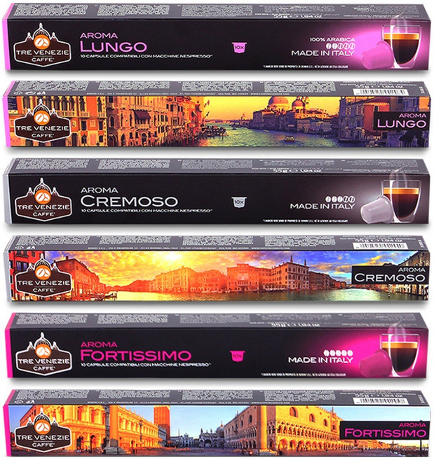 트레베네치아 네스프레소 호환 캡슐커피 3종 60캡슐 세트 포티시모 55g x 2p + 크레모소 55g x 2p + 룽고 55g x 2p, 1세트, 60개입, 5.5g