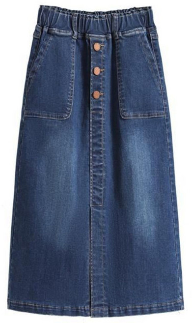 ROYALBELLE 여성 허리밴딩 미디 데님 스커트 오버사이즈 버튼 포켓 스판 트임 스커트 V081812
